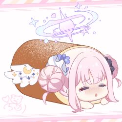 1girl =_= angel_wings black_scrunchie blue_archive cake chibi closed_eyes double_bun food hair_bun hair_ornament hair_scrunchie halo highres mika_(blue_archive) open_mouth pink_background pink_hair pink_halo prk_prsk restrained scrunchie signature solo starry_sky_print swiss_roll tearing_up white_background white_scrunchie white_wings wing_ornament wings