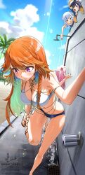 4girls anger_vein blue_eyes braid breasts colored_inner_hair gawr_gura gradient_hair green_hair halo highres hololive hololive_english holonatsu_paradise jewelry kito_koruta koruta_(nekoimo) large_breasts long_hair mori_calliope_(holonatsu_paradise) multicolored_hair multiple_girls necklace ninomae_ina&#039;nis official_alternate_costume open_mouth orange_hair pink_hair purple_eyes purple_hair sandals sharp_teeth shower_head single_braid solo_focus swimsuit takanashi_kiara takanashi_kiara_(holonatsu_paradise) teeth tentacle_hair virtual_youtuber