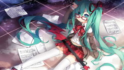1girl alternate_costume bass_clef beamed_quavers bespectacled blazer bow bowtie crotchet_rest female_focus glasses green_eyes green_hair guitar hair_over_one_eye hair_ribbon hatsune_miku instrument jacket long_hair long_sleeves looking_at_viewer matching_hair/eyes midriff musical_note navel necktie off_shoulder plaid_bow plaid_bowtie plaid_clothes plaid_neckwear plaid_skirt pleated_skirt plectrum ribbon saru sharp_sign sheet_music shirt sitting skirt solo thighhighs treble_clef twintails very_long_hair vocaloid white_shirt white_thighhighs wing_collar