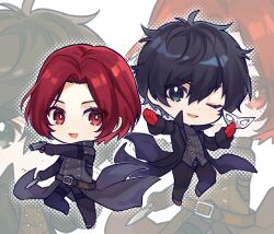 Rule 34 | 2boys, :d, amamiya ren, black coat, black eyes, black hair, coat, commentary request, gloves, gun, hair between eyes, handgun, highres, holding, holding gun, holding knife, holding mask, holding weapon, joker (persona 5), kamishiro nagisa, knife, male focus, mask, multiple boys, one eye closed, open mouth, pentacle dark, persona, persona 5, persona 5: the phantom x, red eyes, red gloves, red hair, short hair, smile, weapon, wonder (p5x), zoom layer