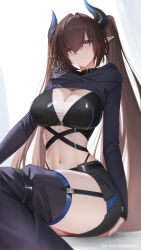 1girl absurdres artist_name black_choker black_horns black_skirt blue_eyes blue_horns blue_skirt breasts brown_hair choker cleavage commentary commentary_request commission crop_top english_commentary garter_straps hair_between_eyes highres horns ikasamahideo large_breasts light_blush long_hair long_sleeves looking_at_viewer miniskirt mixed-language_commentary multicolored_horns navel original parted_lips pointy_ears sidelocks simple_background sitting skeb_commission skirt solo stomach thighs twintails white_background