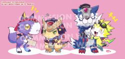 Rule 34 | blush, digimon, digimon (creature), dorumon, fang, goggles, goggles on head, happy, highres, loogamon, pulsemon, ryudamon, smile