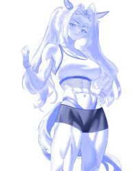 1girl abs absurdres animal_ears arm_warmers bare_shoulders blush breasts character_name cowboy_shot crown daiwa_scarlet_(umamusume) english_text eyelashes fang groin hair_intakes hand_on_own_hip highres horse_ears horse_tail itszenvy large_breasts lipgloss long_hair looking_at_viewer muscular muscular_female navel shorts simple_background skin_fang smirk solo sports_bra tail thick_thighs thighs tight_clothes umamusume veins white_background white_sports_bra