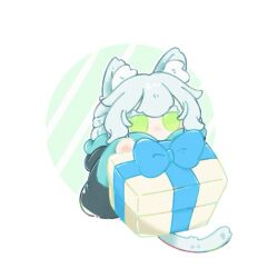 1girl animal_ears arknights cat_ears cat_girl cat_tail chibi gift green_eyes highres hiroyo38110 rosmontis_(arknights) solo tail