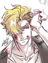 1boy black_jacket blonde_hair blue_eyes bracelet bruise bruise_on_face chain chain_necklace cigarette collared_shirt dated degrees_of_lewdity dtavzqbmhdtvemk eyebrow_piercing hair_over_one_eye highres holding holding_cigarette injury jacket jewelry looking_at_viewer necklace piercing portrait shirt short_hair simple_background white_background white_shirt whitney_(degrees_of_lewdity) whitney_(male)_(degrees_of_lewdity)