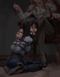 1girl 2girls arms_behind_back ball_gag bdsm begging black_pantyhose blonde_hair blue_shirt bondage bound brown_eyes brown_hair chain chain_leash collar dark defeat denim femdom gag gag_harness gagged highres holding holding_leash jeans kneeling leash long_hair looking_at_viewer multiple_girls niu_yeye original pants pantyhose pencil_skirt pointing pointing_at_viewer restrained shibari shirt shoes sidelocks skirt slave smile white_shirt