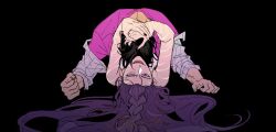 Rule 34 | 1boy, 1girl, black background, black hair, body markings, boy on top, braid, clenched hand, couple, demon girl, from above, from behind, hands on another&#039;s head, hashtag-only commentary, hetero, heterochromia, jinu (kpop demon hunters), kpop demon hunters, leaning forward, long braid, long hair, looking up, lying, nape, off shoulder, on back, open clothes, open mouth, open shirt, pink shirt, purple hair, rumi (kpop demon hunters), shirt, short hair, simple background, single braid, smile, ttj1240201