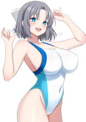 Rule 34 | 1girl, :d, arm up, armpit crease, bare arms, bare shoulders, blue eyes, blue one-piece swimsuit, blush, bow, breasts, cleavage, collarbone, commentary request, competition swimsuit, covered navel, cowboy shot, grey hair, groin, hair bow, hand up, highres, large breasts, looking at viewer, one-piece swimsuit, open mouth, paid reward available, parted bangs, senran kagura, short hair, sideboob, simple background, smile, solo, standing, surippa1010, swimsuit, teeth, twitter username, two-tone one-piece swimsuit, upper teeth only, white background, white bow, white one-piece swimsuit, yumi (senran kagura)