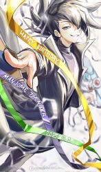 Rule 34 | 1boy, between fingers, black coat, black hair, black pants, card, card between fingers, character name, clenched hand, coat, commentary, dappled sunlight, dated, duel disk, english text, facing to the side, green ribbon, grey eyes, grin, hair over one eye, happy birthday, highres, holding, holding card, hyper40yakisoba, leaning back, looking to the side, male focus, manjoume jun, one eye covered, open clothes, open coat, outstretched arm, pants, popped collar, purple ribbon, purple shirt, ribbon, shirt, smile, spiked hair, sunlight, white background, wind, yellow ribbon, yu-gi-oh!, yu-gi-oh! gx