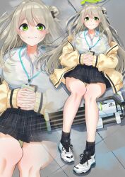 1girl absurdres black_skirt black_socks blonde_hair blue_archive blush closed_mouth green_eyes green_panties hair_between_eyes hair_bun highres id_card jacket kc_ncp long_hair looking_at_viewer lying nonomi_(blue_archive) off_shoulder on_back on_floor own_hands_together panties plaid_clothes plaid_skirt shirt shoes sidelocks single_side_bun skirt smile socks solo underwear white_shirt white_shoes yellow_jacket