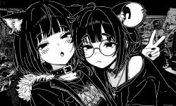 2girls :3 :o ahoge animal_ear_fluff animal_ear_piercing animal_ears belt_buckle belt_collar blush bra_strap bright_pupils buckle cat_ears cat_girl clothes_writing collar constricted_pupils cross cross_earrings cross_necklace ear_piercing earrings extra_ears fang fang_out fingernails glasses greyscale hammer_necklace jacket jewelry long_fingernails looking_at_viewer medium_hair monochrome mouse_ears mouse_girl multiple_girls necklace original paw_print piercing puriririririri round_eyewear shirt short_hair skin_fang v white_pupils