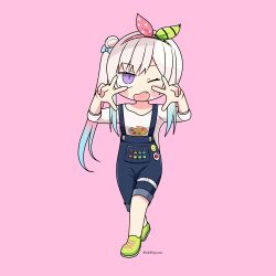 Rule 34 | 1girl, absurdres, airani iofifteen, airani iofifteen (1st costume), among us, arms up, badge, biyuch, blue bow, blue hair, blush stickers, bow, button badge, commentary, crewmate (among us), crossed legs, deformed, denim overalls, double w, english commentary, full body, gradient hair, green bow, green shoes, grey hair, hair bow, hair bun, highres, hololive, hololive indonesia, long hair, long sidelocks, looking at viewer, multicolored bow, multicolored hair, one eye closed, open mouth, overalls, overalls rolled up, paint palette, paint tube, pink background, pink bow, pink hair, polka dot, polka dot bow, print shirt, purple eyes, shirt, shoes, side ponytail, sidelocks, simple background, single side bun, slit pupils, smile, smiley face, sneakers, solo, standing, suspenders, swept bangs, terada tera (style), thigh strap, three-quarter sleeves, turing love, twitter username, virtual youtuber, w, white shirt