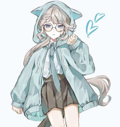 1girl absurdres anemonelove animal_ears bare_legs black_skirt braid cardigan cat_ears cat_girl cat_tail collared_shirt cowboy_shot facial_mark genshin_impact glasses green_cardigan green_necktie grey_hair highres hood hooded_cardigan long_hair long_sleeves looking_at_viewer low_ponytail lynette_(genshin_impact) multicolored_hair nail_polish necktie parted_bangs parted_lips paw_pose pleated_skirt ponytail purple_eyes round_eyewear shirt shirt_tucked_in sidelocks simple_background skirt sleeves_past_wrists star_(symbol) streaked_hair tail white_background white_shirt