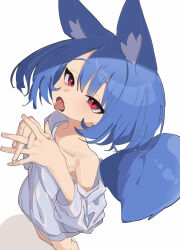 1girl absurdres animal_ear_fluff animal_ears blue_hair blush collarbone fang foreshortening fox_ears fox_girl fox_tail from_above hands_up highres interlocked_fingers loose_clothes loose_shirt miya_(myakuro) myakuro original red_eyes shirt short_hair simple_background skin_fang three-quarter_sleeves slit_pupils solo standing tail tongue tongue_out white_background white_shirt