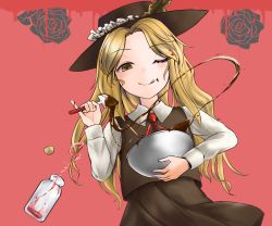 1girl blonde_hair bottle bowl brown_hat brown_skirt brown_vest chocolate collared_shirt commentary_request extra eyelashes flower frilled_hat frills hat hat_feather holding holding_bowl jacket_girl_(dipp) long_sleeves one_eye_closed parted_bangs red_neckwear red_ribbon ribbon rose shirt skirt tonee touhou vest white_shirt yata_zetta yellow_eyes