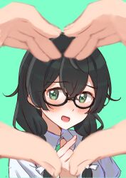 3girls absurdres black-framed_eyewear black_hair blush bow braid cevio collared_shirt commentary dot_nose finger_heart glasses green_background green_eyes green_necktie hair_between_eyes hair_bow hanakuma_chifuyu heart heart_hands heart_hands_duo highres koharu_rikka long_hair looking_at_viewer meteorite_(yurenlin8) multiple_girls natsuki_karin necktie open_mouth pov pov_hands shirt side_braid simple_background solo_focus swept_bangs synthesizer_v white_bow white_shirt