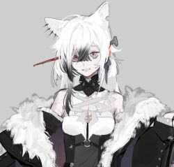 Rule 34 | 1girl, :d, ahoge, animal ear piercing, animal ears, bags under eyes, black corset, blunt bangs, breasts, collar, colored tips, corset, crazy eyes, criss-cross halter, crossed bangs, fox ears, frilled collar, frills, fur collar, halterneck, head tilt, impaled, indie virtual youtuber, jacket, jacket partially removed, jellyfish cut, long hair, looking at viewer, mari the hybrid, multicolored hair, nail (hardware), open mouth, outstretched arms, pink eyes, red pupils, sidelocks, smile, solo, stitches, upper body, white hair, yoimon