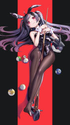 1girl absurdres animal_ear_headwear animal_ears ball between_thighs billiard_ball black_hair black_hat black_leotard black_pantyhose black_shoes blush bow bowtie breasts cleavage commentary_request creature cue_stick curry_bowl delutaya fake_animal_ears hair_ornament hair_spread_out hat highleg highleg_leotard highres holding_cue_stick indie_virtual_youtuber leotard long_hair looking_at_viewer lying medium_breasts multicolored_hair nail_polish on_back pantyhose parted_lips peaked_cap pink_bow pink_bowtie pink_nails playboy_bunny rabbit_ears red_eyes red_hair shoes simple_background single_shoe solo sparkle_earrings strapless strapless_leotard streaked_hair triangle_hair_ornament two_side_up unworn_shoe virtual_youtuber white_wrist_cuffs wrist_cuffs