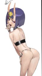 1girl ass bob_cut cowboy_shot eric_ueda eyeliner fangs fate_(series) from_behind hand_on_own_chin hand_on_own_thigh horns leaning_forward looking_at_viewer looking_back makeup oni open_mouth purple_eyes purple_hair shuten_douji_(fate) smile solo wristband