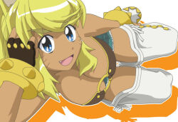 Rule 34 | 1girl, animal ear fluff, animal ears, belt bra, blonde hair, blue eyes, boots, bracelet, breasts, cleavage, dark-skinned female, dark skin, denim, denim shorts, elbow rest, facial mark, fang, fingerless gloves, gloves, gold bracelet, hand on own head, jewelry, large breasts, liru, long hair, looking at viewer, lying, non-web source, o-ring, ponytail, renkin san-kyuu magical pokaan, shorts, simple background, spiked bracelet, spikes, studded bracelet, swept bangs, tan, teeth, upper teeth only, whisker markings, white background, white boots