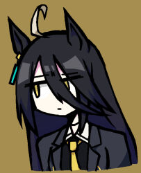 1girl ahoge animal_ears black_coat black_hair black_shirt brown_background coat collared_shirt ear_tag earrings furrowed_brow highres horse_ears horse_girl jewelry kage_shark long_hair manhattan_cafe_(umamusume) multicolored_hair necktie shirt simple_background single_earring solo umamusume very_long_hair white_hair yellow_eyes yellow_necktie