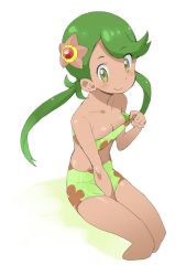 1girl :&gt; bare_legs bare_shoulders between_legs bikini blush bra bra_pull breasts cleavage closed_mouth clothes_pull creatures_(company) dark-skinned_female dark_skin female_focus floral_print game_freak gen_1_pokemon green_bikini green_eyes green_hair hair_ornament hand_between_legs legs mallow_(pokemon) navel nintendo official_alternate_costume ookamiuo pokemon pokemon_(anime) pokemon_(creature) pokemon_sm pokemon_sm012 pokemon_sm_(anime) simple_background sitting small_breasts smile solo staryu stomach strapless swept_bangs swimsuit trial_captain tube_top twintails underwear white_background