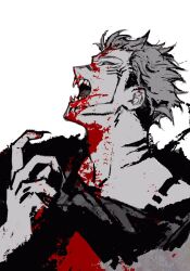 11114tai 1boy adam&#039;s_apple arm_up blood blood_on_body blood_on_face body_markings chinese_commentary closed_mouth commentary_request facial_mark fangs fingernails from_side greyscale jujutsu_kaisen male_focus monochrome multicolored_hair open_mouth ryoumen_sukuna_(jujutsu_kaisen) sharp_fingernails short_hair sideburns simple_background solo spot_color teeth torn_clothes two-tone_hair upper_body white_background