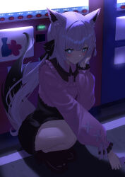1girl absurdres alternate_costume animal_ears black_bow black_shoes black_skirt bow cellphone closed_mouth fox_ears fox_girl fox_tail hair_bow heart heart-shaped_pupils highres holding holding_phone hololive long_hair looking_at_viewer nisemori phone pink_shirt shirakami_fubuki shirt shoes skirt smartphone smile solo symbol-shaped_pupils tail vending_machine virtual_youtuber white_burinyan