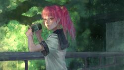 1girl absurdres bare_arms blue_sailor_collar brown_eyes building camera character_hair_ornament closed_mouth day expressionless hair_ornament highres holding holding_camera light_blush light_particles lips long_hair looking_to_the_side momo_(nikki) nikki_(nikki) nikki_(series) outdoors pink_hair pink_lips ponytail railing sailor_collar school_uniform sea0 serafuku shining_nikki shirt short_sleeves solo tree upper_body white_shirt