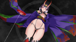 1girl absurdres black_thighhighs bob_cut breasts cup eyeliner fate/grand_order fate_(series) from_below gluteal_fold hair_between_horns headpiece highres horns indy_k japanese_clothes kimono looking_at_viewer makeup oni open_clothes open_kimono purple_eyes purple_hair purple_kimono revealing_clothes sakazuki short_hair shuten_douji_(fate) skin-covered_horns small_breasts solo thighhighs