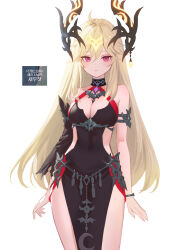 Rule 34 | adelie cat, ahoge, armlet, bare shoulders, black collar, black dress, black horns, black sleeves, blonde hair, bracelet, breasts, brooch, character name, character request, cleavage, cleavage cutout, clothing cutout, collar, covered navel, cowboy shot, detached horns, double-parted bangs, dress, facial mark, forehead mark, gem, glowing horns, glowing markings, hair between eyes, highres, hip armor, horns, jewelry, long hair, long sleeves, looking at viewer, mabinogi, medium breasts, pelvic curtain, pink eyes, pink gemstone, side cutout, simple background, single sleeve, sleeveless, sleeveless dress, thighs, torn sleeve, translation request, very long hair, white background