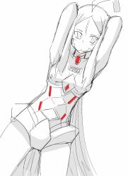 1girl arms_behind_head arms_up breasts choker digimon digimon_(creature) female_focus highres hudiemon leotard long_hair looking_away_from_viewer medium_breasts ph6xeivbgpimggg solo solo_focus thick_thighs thighhighs thighs