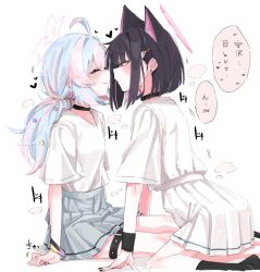 2girls animal_ears black_choker blue_archive blue_hair blue_skirt blush bracelet cat_ears choker closed_eyes closed_mouth commentary_request earclip earrings extra_ears hair_ornament hairclip halo heart jewelry kazusa_(blue_archive) looking_at_another multicolored_hair multiple_girls negu_(pixiv_6519140) pink_eyes pink_hair pleated_skirt reisa_(blue_archive) shirt short_sleeves simple_background skirt speech_bubble star_(symbol) star_hair_ornament streaked_hair stud_earrings thigh_strap translation_request white_background white_shirt white_skirt yuri