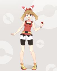 1girl 40cabbage belt bike_shorts blue_eyes bracelet brown_hair collarbone full_body grey_background hair_between_eyes hairband holding holding_poke_ball jewelry looking_at_viewer may_(pokemon) nintendo open_mouth poke_ball poke_ball_(basic) pokemon pokemon_oras red_hairband red_shirt shirt shoes short_hair solo yellow_shoes