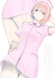 1girl absurdres arm_behind_back arms_behind_back ass asymmetrical_bangs asymmetrical_hair blue_eyes blue_hair blush breasts clipboard closed_mouth dress ear_piercing eyebrow_piercing face_piercing goshiki_suzu grey_pantyhose hat highres holding holding_clipboard looking_at_viewer multiple_views nurse nurse_cap original pantyhose piercing pink_dress pink_hair pink_hat short_hair short_sleeves simple_background white_background