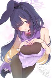 Rule 34 | absurdres, animal ears, bare shoulders, blonde hair, blue archive, bodystocking, breasts, cleavage, colored inner hair, detached collar, fishnet bodystocking, fishnets, hair over one eye, halo, hands on own breasts, highres, izuna (blue archive), leotard, looking at viewer, michiru (blue archive), multicolored hair, ninjutsu research club (blue archive), playboy bunny, purple eyes, purple hair, purple halo, purple leotard, purple scarf, rabbit ears, sakurano rocco, scarf, see-through cleavage, see-through clothes, tsukuyo (blue archive), twitter username, wrist cuffs