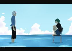 am_osaa barefoot black_shirt blue_shirt boku_no_hero_academia bones_(company) chair comforting feet freckles green_hair highres legs midoriya_izuku multicolored_hair pants red_hair sad shirt shorts shounen_jump sky standing tododeku todoroki_shouto two-tone_hair water white_hair white_shirt yaoi