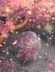 1girl :d chibi chibi_only colored_eyelashes commentary_request detached_sleeves dog-san dress flower-shaped_pupils hair_ribbon highres jinhsi_(peach_blossom)_(wuthering_waves) jinhsi_(wuthering_waves) looking_at_viewer mole mole_on_cheek official_alternate_costume open_mouth peach_blossom pink_dress pink_eyes purple_ribbon ribbon smile solo symbol-shaped_pupils white_eyelashes white_hair wuthering_waves