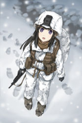 1girl absurdres assault_rifle backpack bag black_hair blunt_bangs boots buckle camouflage footprints gloves grey_boots gun gun_sling helmet highres holding holding_gun holding_weapon jacket load_bearing_vest long_hair looking_at_viewer m16 m16a4 magazine_(weapon) military military_combat_uniform military_fatigues military_jacket military_uniform open_mouth original pants pouch purple_eyes rifle snap-fit_buckle snow snow_camouflage snowing standing straight_hair tanto_(tc1995) united_states_marine_corps vest weapon