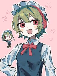 1girl :d absurdres ben-day_dots black_skirt black_sweater_vest blush_stickers bow bowtie breasts brown_shoes chibi collared_shirt frilled_hairband frills green_hair hairband headphones highres looking_at_viewer open_mouth original outline pink_background red_bow red_bowtie red_hair sashimisu screentones shirt shoes short_hair simple_background skirt small_breasts smile star_(symbol) sweater_vest swept_bangs upper_body white_outline white_shirt