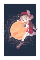 1girl :&lt; :o artist_name backpack bag bag_charm blonde_hair bloomers blush boots border bow brown_bag brown_boots brown_gloves cabbie_hat charm_(object) closed_eyes clover_print coat commentary_request dodoco_(genshin_impact) genshin_impact gloves hair_between_eyes hat hat_feather highres hug klee_(genshin_impact) long_hair long_sleeves low_twintails mochida night night_sky open_mouth outside_border pocket pointy_ears randoseru red_coat red_hat sidelocks sky socks solo star_(sky) starry_sky sun twintails twitter_username underwear white_bloomers white_border white_bow white_socks