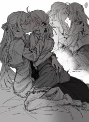 2girls after_kiss anisphia_wynn_palettia blush capelet closed_eyes commentary_request euphyllia_magenta greyscale hair_ribbon hand_in_another&#039;s_hair hand_on_another&#039;s_head highres jacket kiss koyomania long_hair looking_at_another medium_hair monochrome multiple_girls revision ribbon saliva saliva_trail sitting sitting_on_lap sitting_on_person skirt tensei_oujo_to_tensai_reijou_no_mahou_kakumei tongue tongue_out untied_ribbon yuri