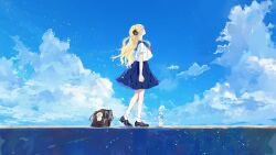 1girl animal_ears bag black_bag black_shoes blonde_hair blue_sailor_collar blue_skirt blue_sky bottle braid cloud commentary_request copyright_notice cumulonimbus_cloud day from_side full_body hagimorijia half_up_braid highres hololive horns loafers long_hair neckerchief official_art outdoors pleated_skirt purple_eyes red_neckerchief sailor_collar school_bag school_uniform serafuku sheep_ears sheep_girl sheep_horns shirt shoes short_sleeves skirt sky socks solo standing tsunomaki_watame very_long_hair virtual_youtuber watamate white_shirt white_socks