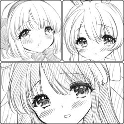 Rule 34 | 3girls, blush, character request, close-up, crossover, hair ribbon, highres, long hair, looking at viewer, monochrome, multiple girls, nakoruru, nude, open mouth, ribbon, samurai spirits, short hair, snk, the king of fighters, traditional media