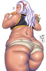 1girl ass back blush breasts butt_crack chicken_(food) dark-skinned_female dark_elf dark_skin eating elf elf-san_wa_yaserarenai. fat fat_woman food gluteal_fold hairband heart huge_ass kuroeda_(elf-san_wa_yaserarenai.) large_breasts long_hair orizen plump pointy_ears shorts simple_background solo standing thick_thighs thighs torn_clothes torn_shorts wardrobe_malfunction white_background white_hair