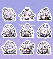 1girl ahoge asha_in_erinn chibi chibi_only grey_hair mabinogi multicolored_eyes multiple_expressions purple_background rowan_(mabinogi) two-tone_eyes wand