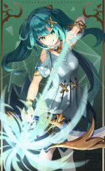 1girl armlet arrow_(symbol) bow dress faruzan_(genshin_impact) genshin_impact hair_ornament heterochromia highres jewelry kdu twintails watermark white_dress