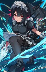 1girl black_dress black_hair black_pantyhose chawarabi colored_inner_hair dress ellen_joe fins fish_tail frilled_wristband hairband high_heels highres holding holding_scythe maid maid_headdress metal_hairband multicolored_hair pantyhose parted_lips puffy_short_sleeves puffy_sleeves razor_blade_hair_ornament red_eyes scythe shark_girl shark_tail short_hair short_sleeves spiked_headband tail zenless_zone_zero