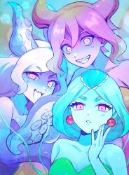 3girls breasts cleavage collarbone colored_skin earrings evil_grin evil_smile glowing glowing_eyes green_hair green_skin grin hand_on_own_face highres jewelry long_hair looking_at_viewer marina_(omori) medium_breasts medusa_(omori) molly_(omori) monster_girl multiple_girls omori open_mouth pink_eyes pink_skin purple_skin sharp_teeth slime_girl slime_girls_(omori) smile teeth tentacle_hair tentacle_hands white_hair wosinnk