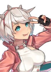 1girl ahoge an_yb black_gloves blue_eyes bob_cut bracelet breasts collar cropped_torso dress elphelt_valentine fingerless_gloves gloves guilty_gear guilty_gear_strive hairband hand_up highres jacket jewelry large_breasts looking_to_the_side medium_hair pink_collar pink_hairband pink_jacket short_dress short_hair sleeveless sleeveless_dress smile solo spiked_bracelet spiked_collar spiked_hairband spikes tongue tongue_out upper_body v white_background white_dress white_hair zipper
